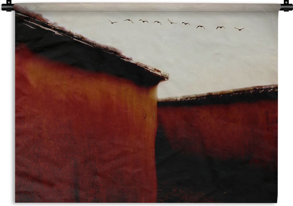 MuchoWow Wandteppich Wandbehang Tiere - Vögel - Häuser - Rot 120x90 cm Tapisserie Dekoration Wandtuch - Wohnen - Aufhänger für die Wand