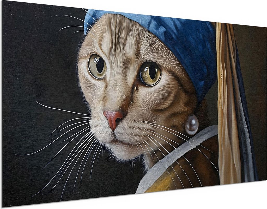 DEQORI Alu-Dibond Bild Silber 100x50 cm 'Mieze mit Perlenohrring' Wandbild Metall dünn