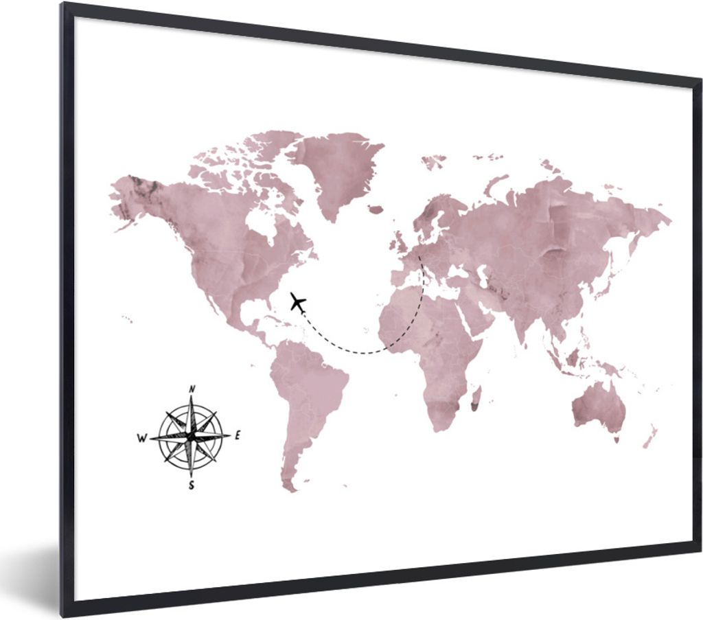 MuchoWow Gerahmtes Poster Weltkarte - Rosa - Flugzeug 80x60 cm - Poster mit Schwarzem Bilderrahmen Wandposter Rahmen Foto Bilder - Schwarzem - Mi...