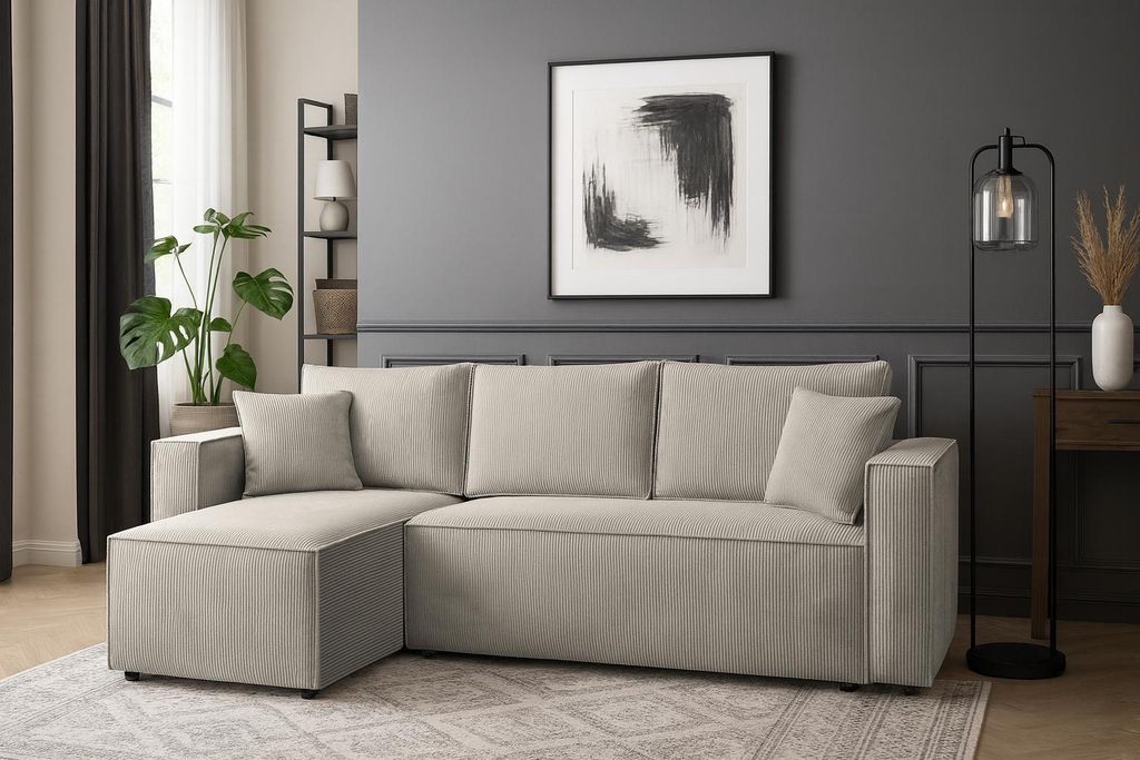 Couchgarnitur Eckcouch CAPRI L-Form, Schlaffunktion, CORD Stoff, Bettkasten und Seitenlehnen