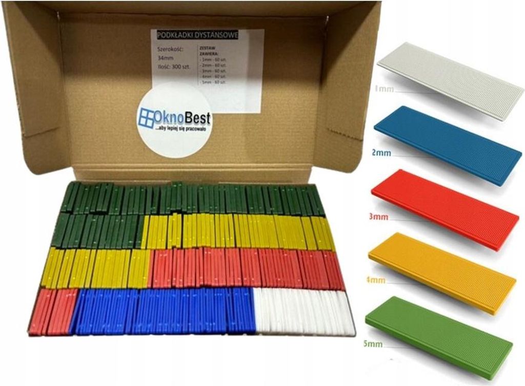 Gemischte Distanzscheiben, Montagekeile für Fenster 34mm von 1mm bis 5mm, 300 Stück