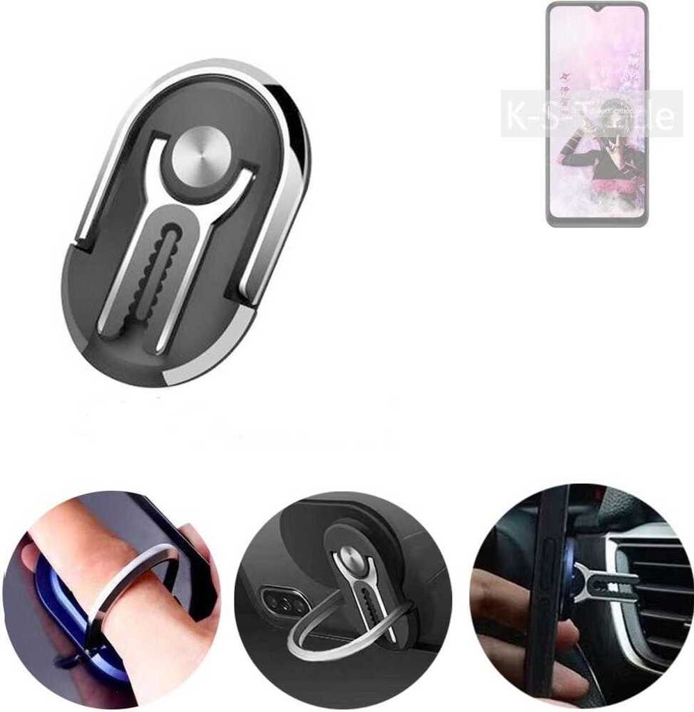 K-S-Trade 3in1 Smartphone-Ring Handy-Ring kompatibel mit Sharp Aquos V6 5G Fingerhalterung Handyring Tischständer Lüftungsgitter-Halterung Tisch