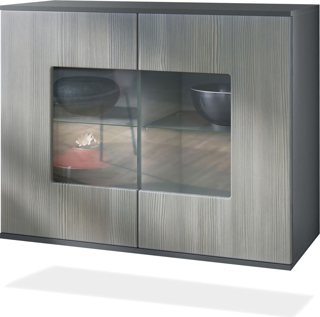 Vladon Kommode Grömitz V3, Moderner Küchenschrank mit 2 großen Glastüren Anthrazit matt / Avola-Anthrazit (92,5 x 73.5 x 35)