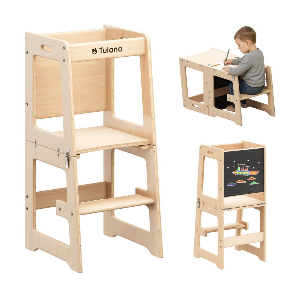 Tulano Mooby 35 Natural Lernturm für Kinder – 3in1 Küchenhelfer, Tisch mit Stuhl, Maltafel – höhenverstellbar, sicher & tragbar, bis 60 kg