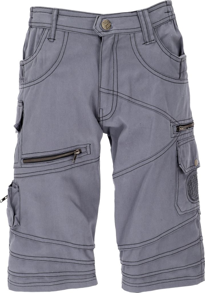 Goa Festival Hose, Goa Shorts mit Vielen Taschen, Cargo Shorts - Taubengrau, Herren, Baumwolle, Größe: L
