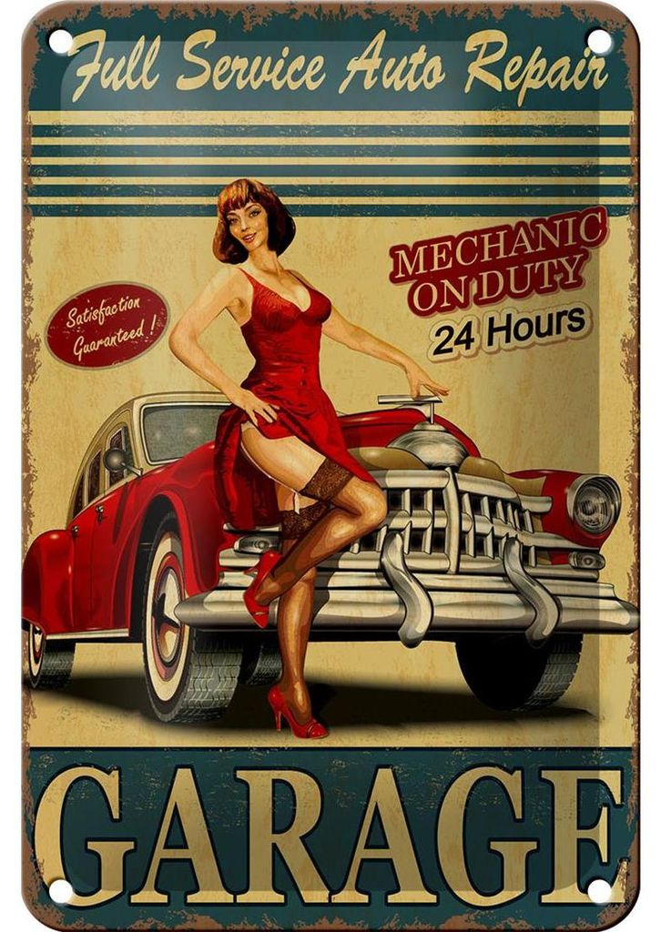 Blechschild Pinup 12x18cm Garage Full Service Auto Repair