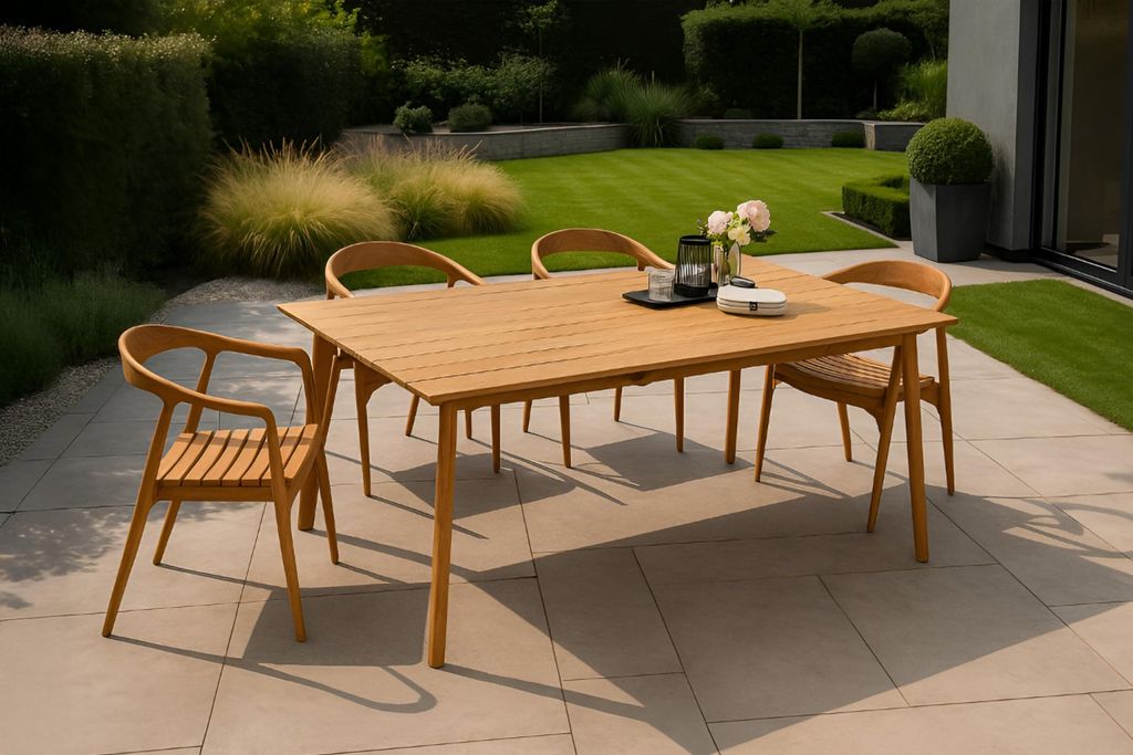 5 TLG. Gartengruppe Henry | Gartentisch 180 x 100 cm | Teakholz massiv | Vierfuß-Holzgestell | Outdoor-Esstischgruppe mit 4 Stühlen aus Teak (sta...