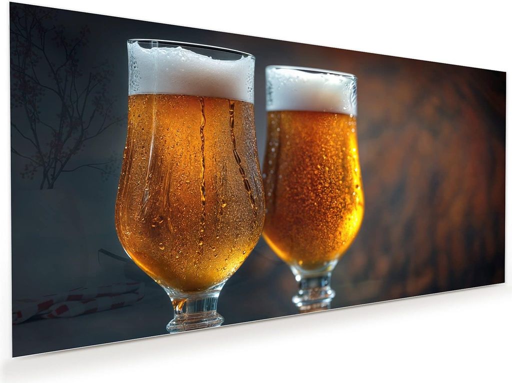 Glasbild 60x30cm in XXL für Wohnzimmer, Schlafzimmer Motiv Zwei Biergläser Holz