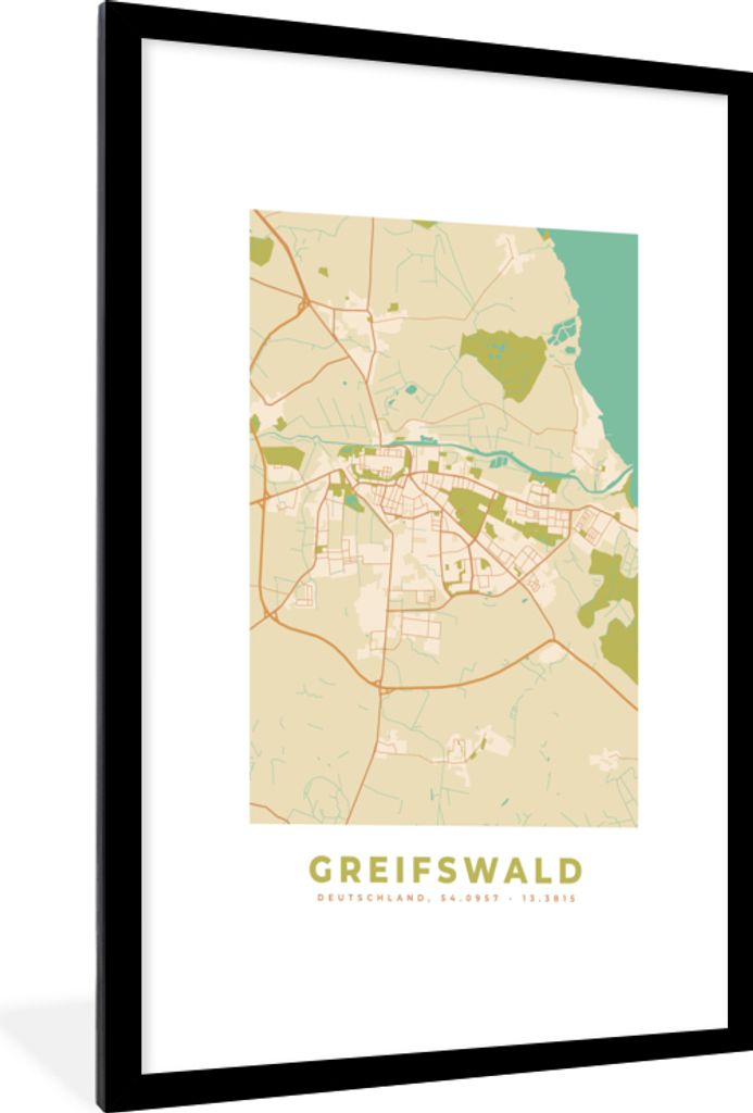 MuchoWow Gerahmtes Poster Greifswald - Jahrgang - Karte - Stadtplan 60x90 cm - Poster mit Schwarzem Bilderrahmen Wandposter Rahmen Foto Bilder - ...