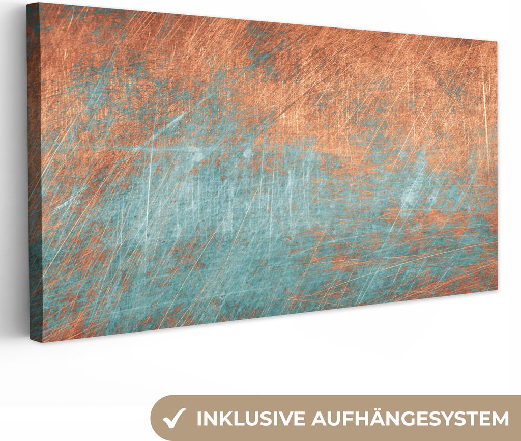 MuchoWow - Leinwandbilder - Metall - Rost - Bronze - Blau - Abstrakt - Struktur, Wandbild, Wanddeko Bilder Wohnzimmer, 40x20 cm