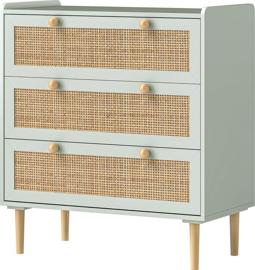 Schlafzimmer-Kommode mit 3 Schubladen, Rattan-Fronten, Kleiderkommode für Flur, Eingangsbereich, MDF, Grün