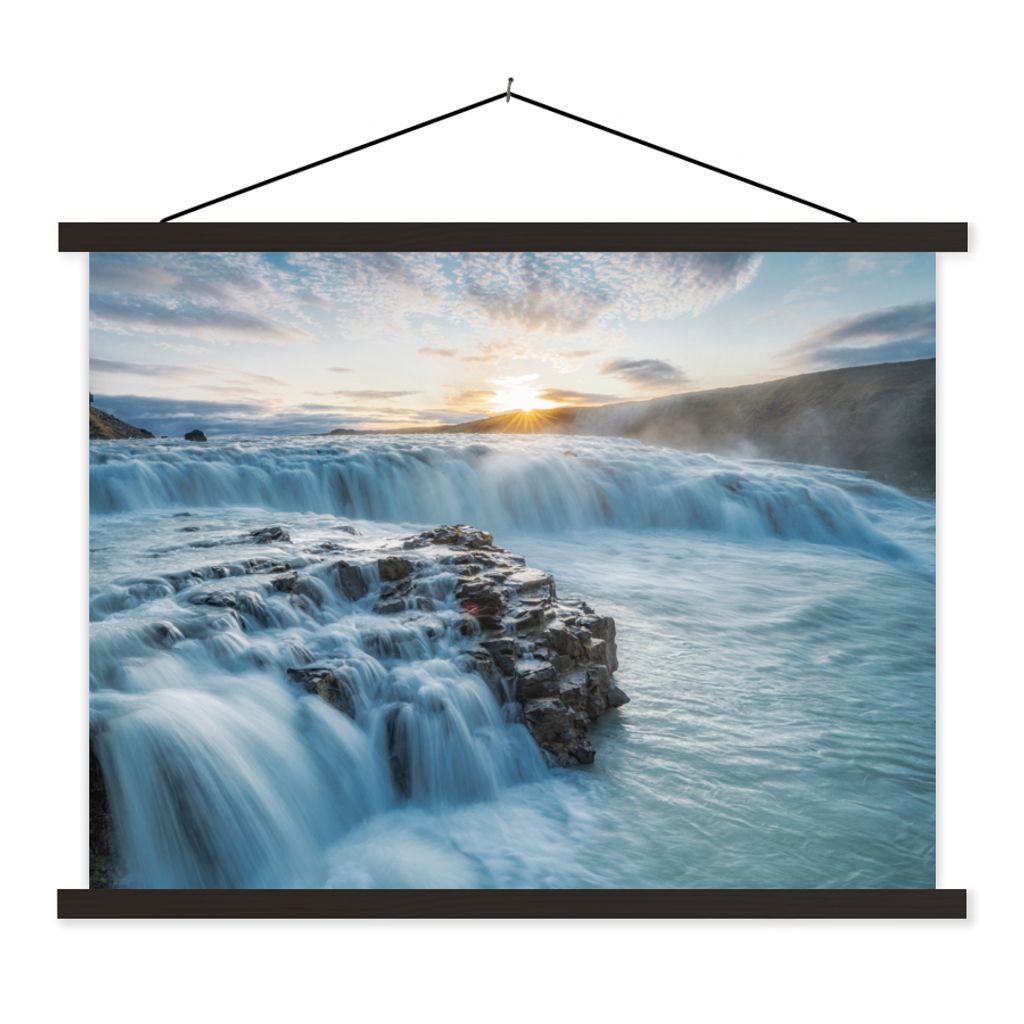 MuchoWow Textilposter Wasserfall - Wasser - Steine - Sonne - Natur 150x113 cm mit schwarzem Rahmen - Wohnzimmer