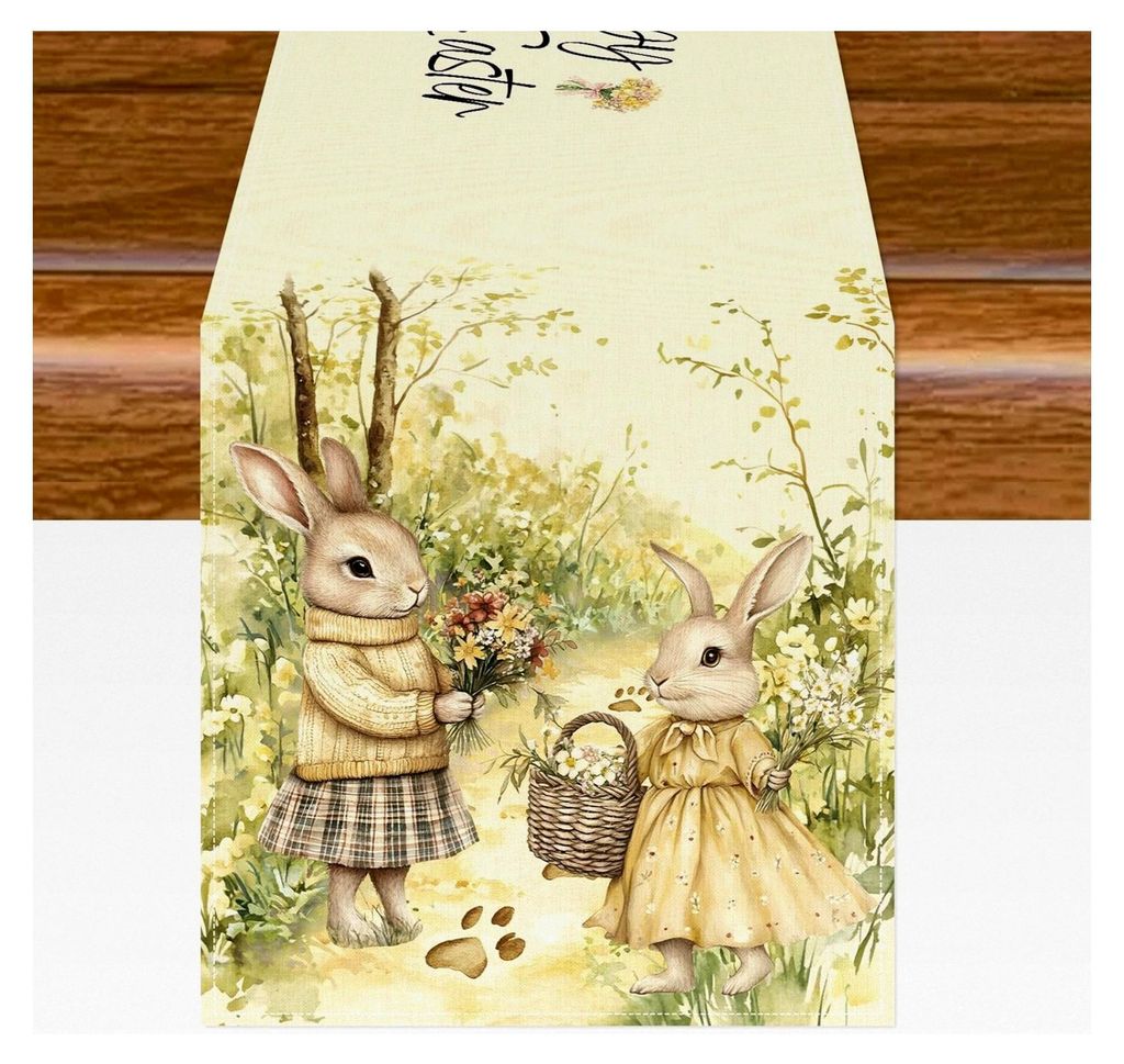 Tischläufer Ostern mit Kaninchen und Ostereiern, abwaschbare Tischdekoration für den Frühling, wasserabweisend, moderne Party-Deko