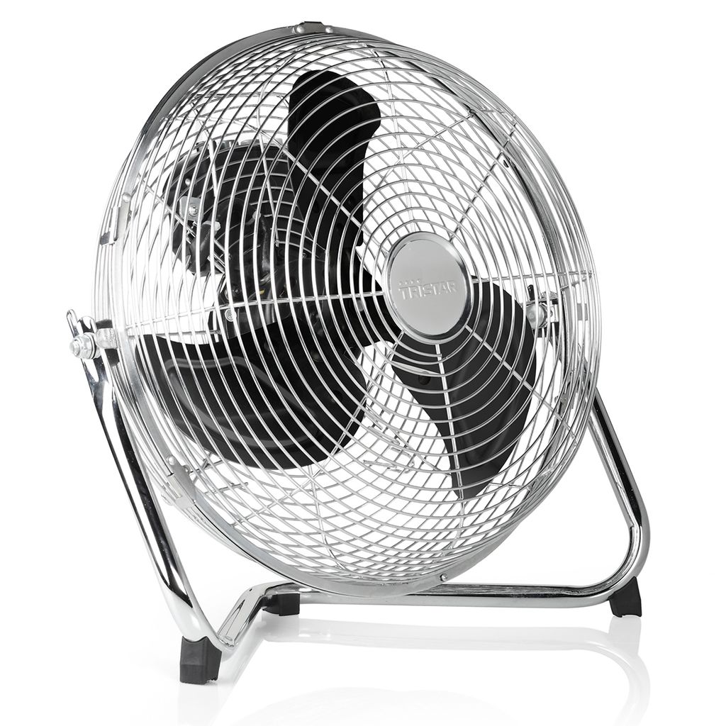 A chrome floor fan with black blades is shown against a white background.