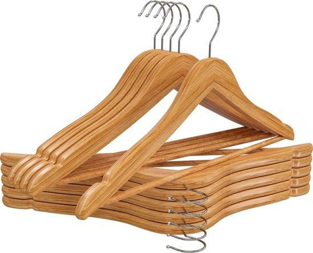 Famanu Holzkleiderbügel Set 20 Stück mit runder Hosenstange und Schulterkerben, rutschfest – Natur