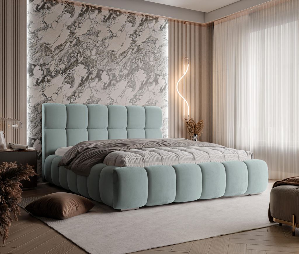 Modernes Polsterbett LIZBONA Blautönung ,Magic Velvet 2238, Schlaffläche200 cm x 200 cm ,Bett mit gepolstertem Kopfteil, Design-Bett mit Bettkasten