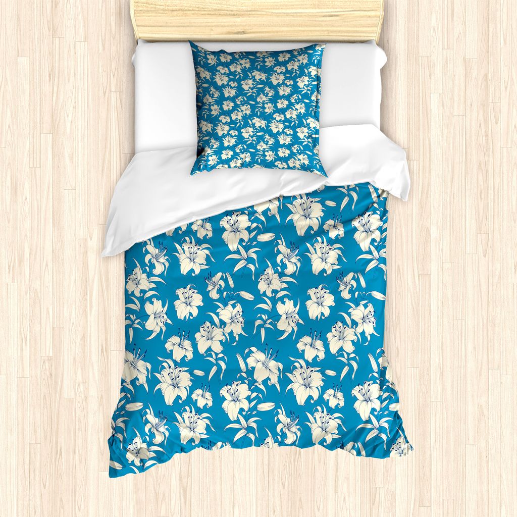 ABAKUHAUS Blumen Bettbezug Set für Einzelbetten, Blooming-Lilien-Blumen-Kunst, Milbensicher Allergiker geeignet mit Kissenbezug, 135 cm x 200 cm -...