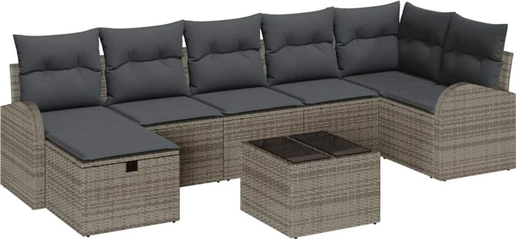 vidaXL Garten-Sofa-Set mit Kissen mit Speicher 8 pcs Grau Poly Rattan