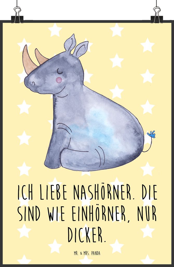Mr. & Mrs. Panda Bild Einhorn Nashorn DIN A2 - Gelb Pastell - Geschenk, Nashörner, Wandbild, Plakat, Unicorn, Kunstdruck, poster, Lustig, Zoo, Reg...