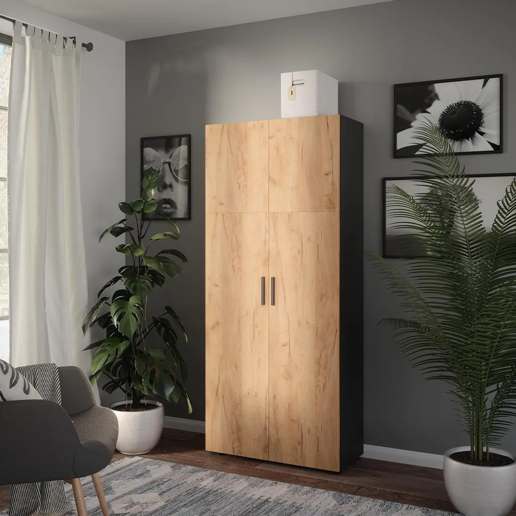 Armoire Vicco Ingo Anthracite 80x183cm avec étagères modulables en Chêne