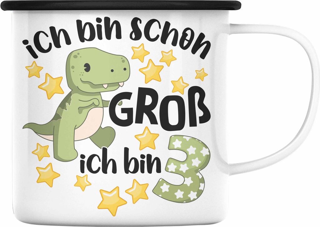 Trendation - 3. Geburtstag Emaille Tasse Jungs Jungen Geschenk 3 Jahre Alt 3 Dino für Jungs Dinosaurier Sohn (Schwarz)