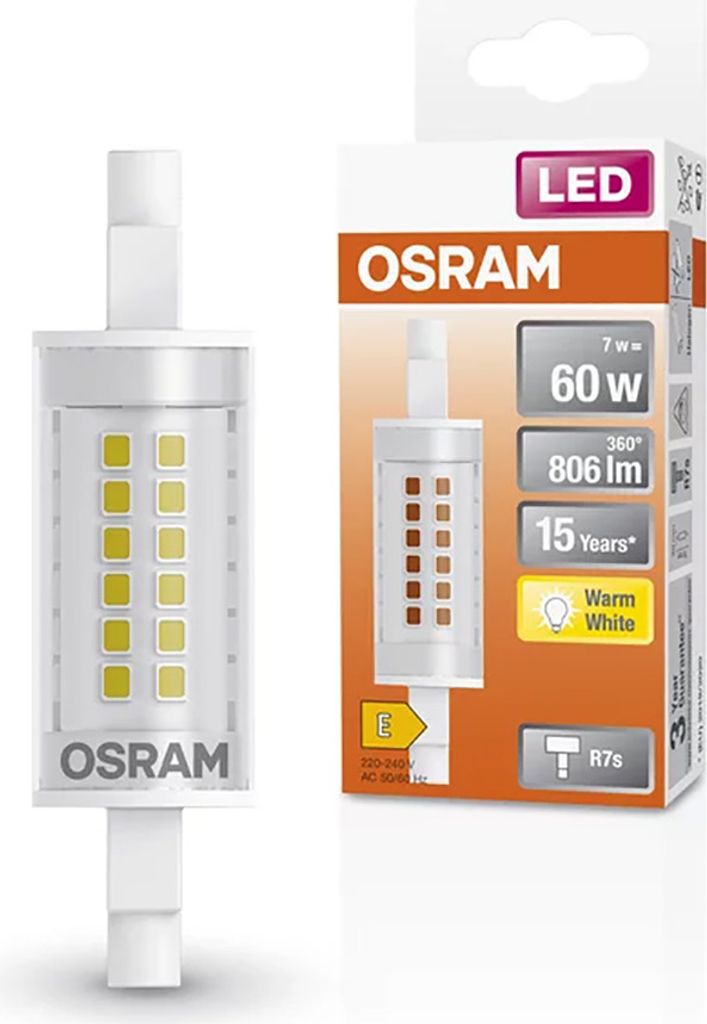 Product packaging for an OSRAM LED bulb, showing the product and key specifications.
