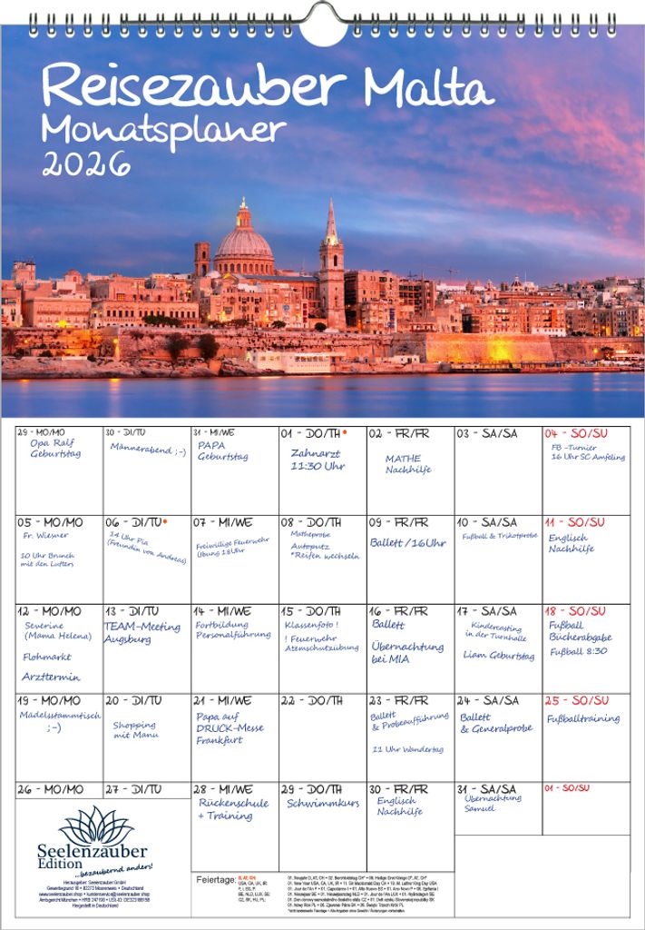 Reisezauber Malta Planer DIN A3 Kalender für 2026 Mittelmeer Stadt und Land - Seelenzauber