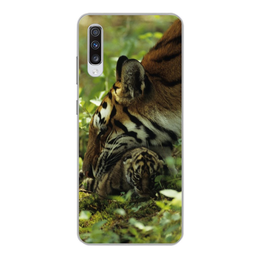 MuchoWow Handyhülle Schutzhülle Hülle für Samsung Galaxy A70 Tiger - Pflanzen - Jungtier Silikon Softcase Handy Hülle - Schutzhaube