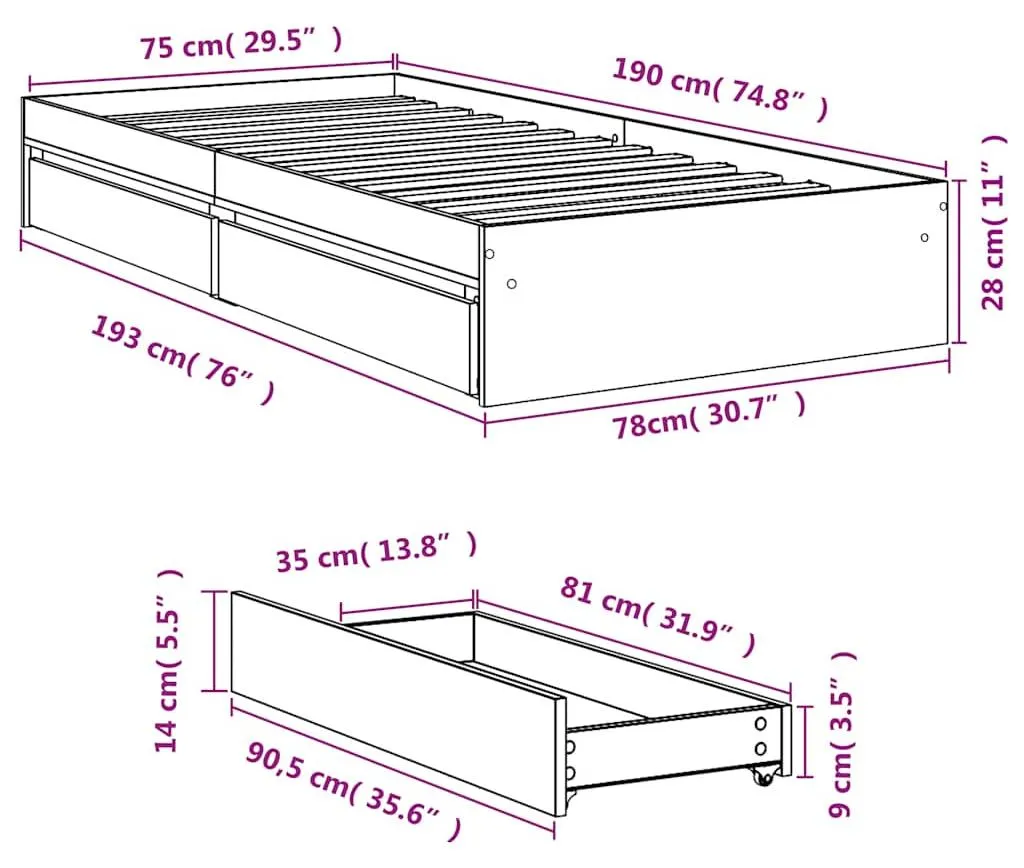 Lit 75x190 cm gain de place blanc avec tiroirs pour petit studio