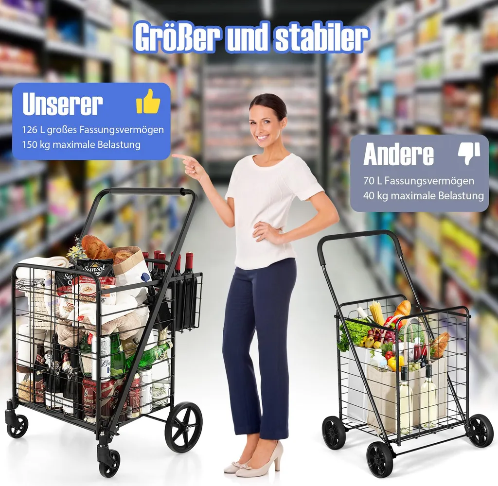 Chariot de courses à roulettes multi-usages noir pliable et robuste