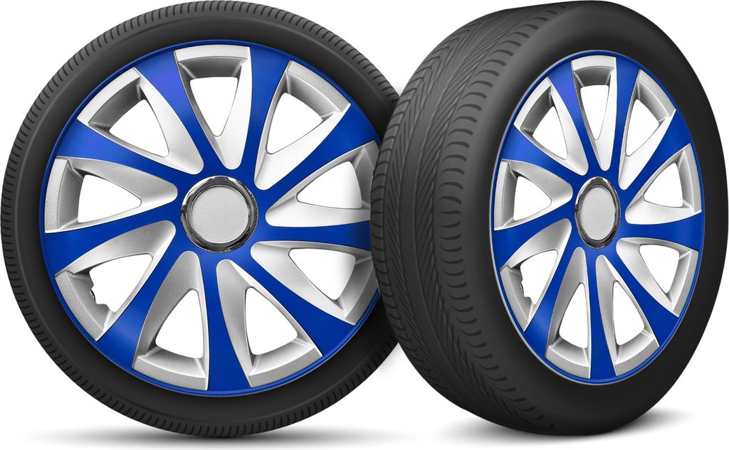 Auto Radkappen Radzierblenden 4er Set passend für alle Stahlfelgen - einstellbarer Sicherungsring - 14 Zoll - Silber Blau