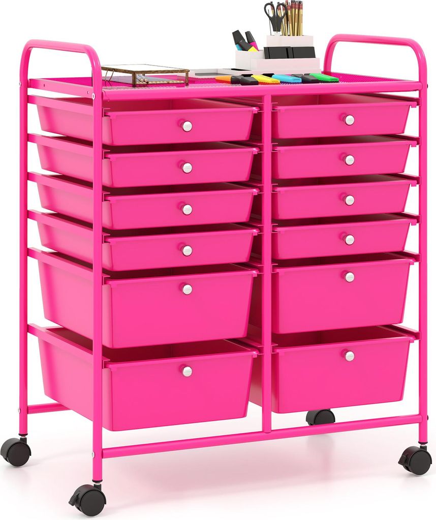 COSTWAY Rollwagen mit 12 stapelbaren Schubladen, Rollcontainer mit Metallgestell & Ablagefläche, Badrollwagen Aufbewahrungswagen Hot Pink
