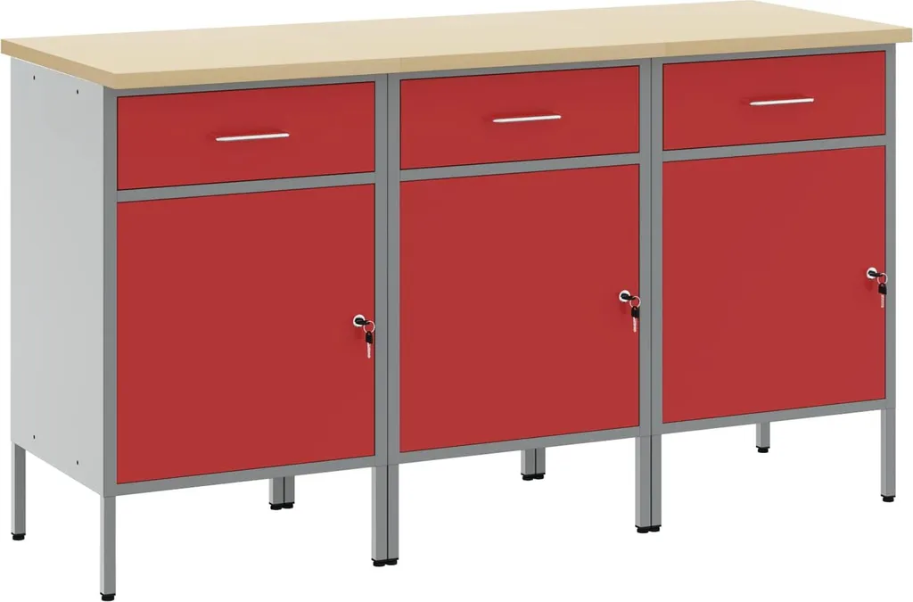 Établi vidaXL avec tiroirs 3 pcs rouge et gris - 150 x 55 x 85 cm