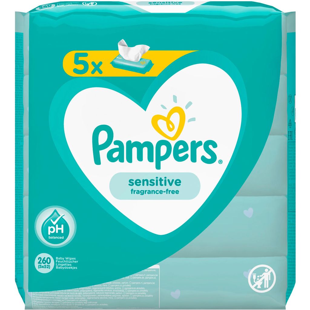 Pampers Wet Wipes Sensitive bezzapachowe 5 opakowań 260 Zdjęcie produktu 
