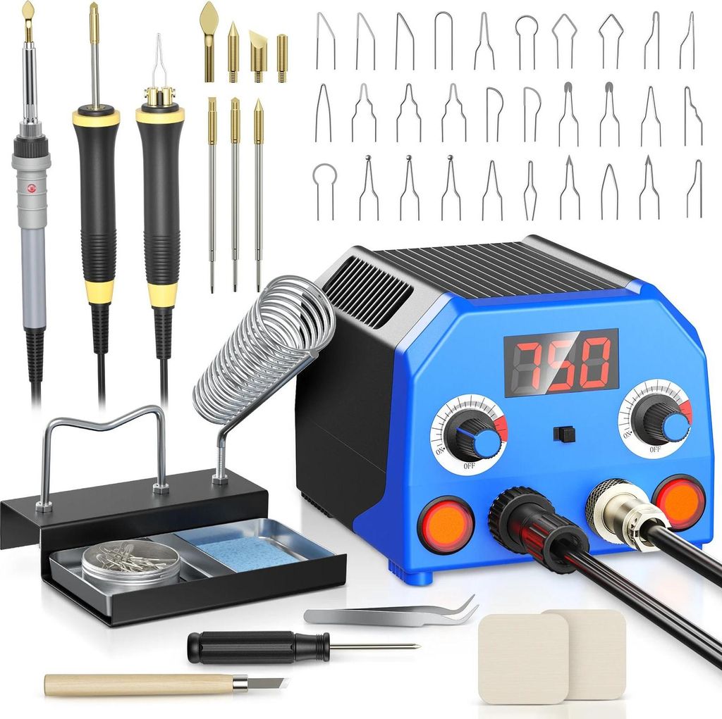 Holzbrenner Set - Pyrographie Werkzeugset - 3 Brennstifte - Digitales Temperaturdisplay - - Blau