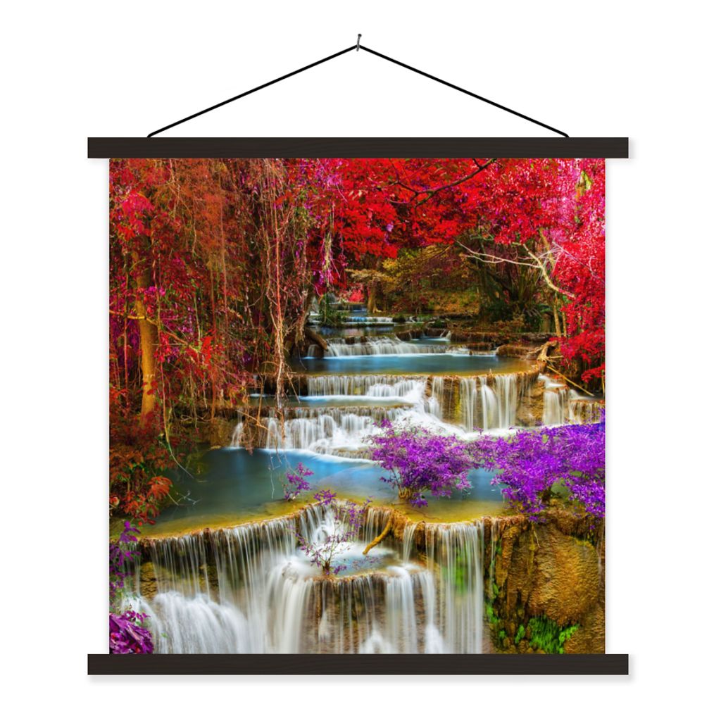 MuchoWow Textilposter Wasserfall - Rosa - Bäume 60x60 cm mit schwarzem Rahmen - Posteraufhänger