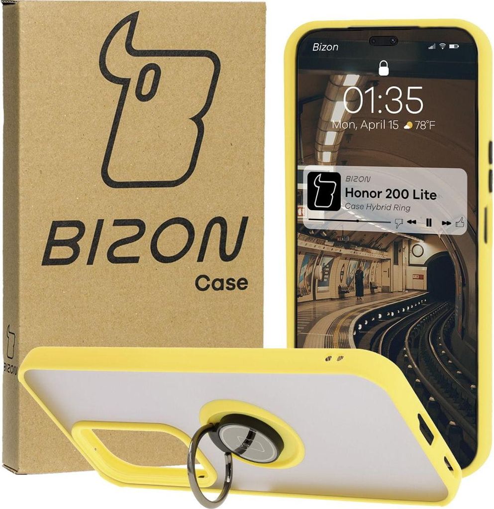 Bizon Case Hybrid Ring Fingerring Hülle für Honor 200 Lite, Rauch mit gelbem Rahmen