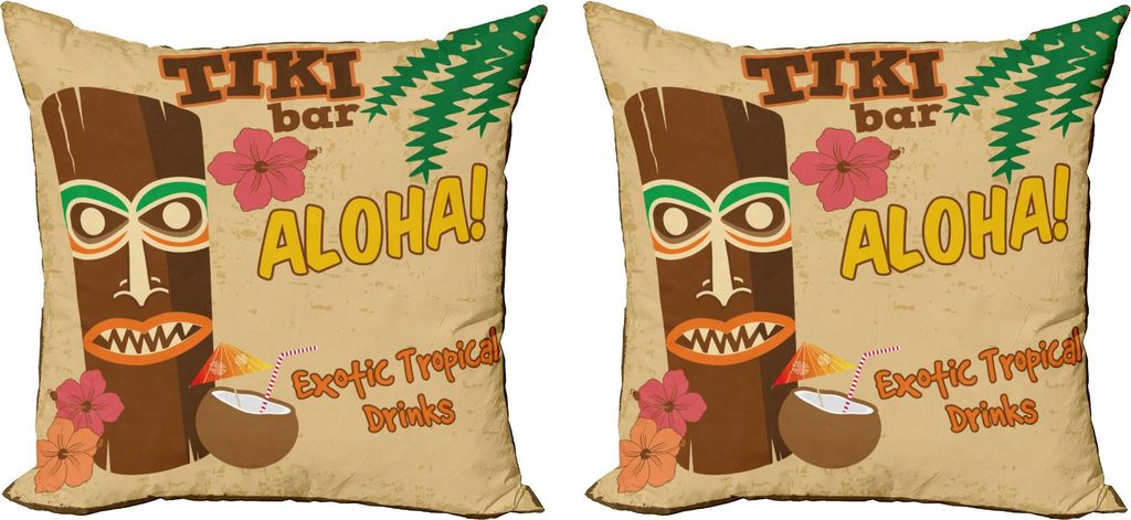 ABAKUHAUS Tiki Bar Kissenbezug Set (2Stück), Tiki Bar Cartoon Stil Druck mit Exotischen Cocktails und Aloha! Beschriftung, 50 x 50 cm, Mehrfarbig