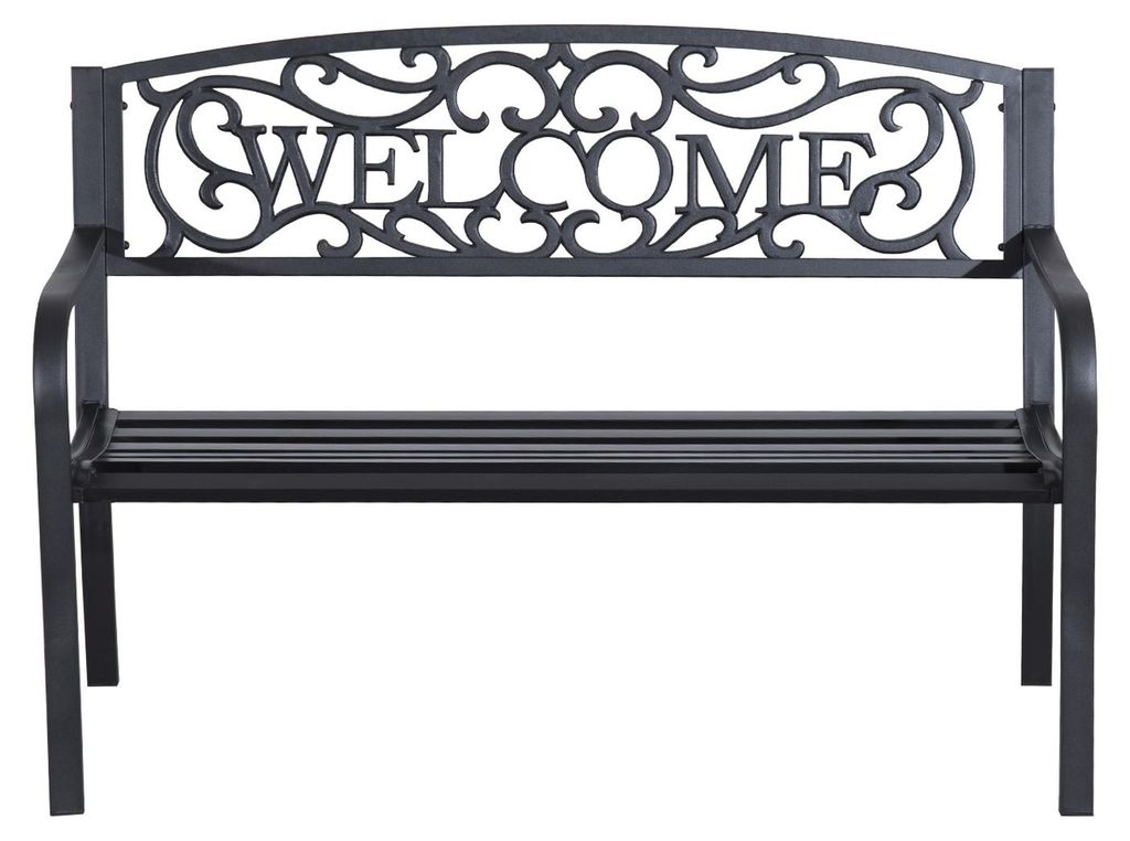Gartenbank 2-Sitzer Stahl Gusseisen WELCOME-Schriftzug rostschutzbeschichtet wetterfest Rot 127 x 60 x 87 cm