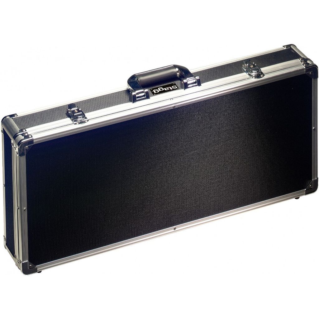 A black guitar case with silver trim and latches, shown from a slightly elevated angle against a white background.