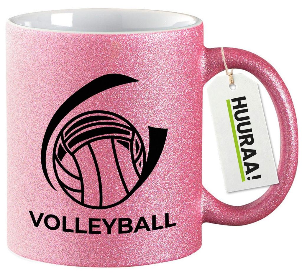 Huuraa Glitzertasse Volleyball Schriftzug 330ml Pink Keramik Kaffeebecher Geschenkidee