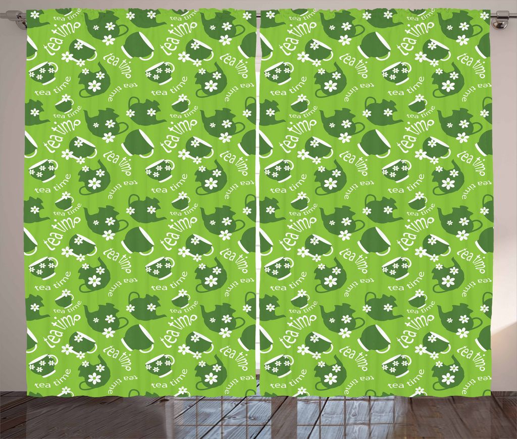 ABAKUHAUS Tee-Party Rustikaler Vorhang, Tea Time Daisy Blüte, Wohnzimmer Universalband Gardinen mit Schlaufen und Haken, 280 x 175 cm, Lindgrün D...