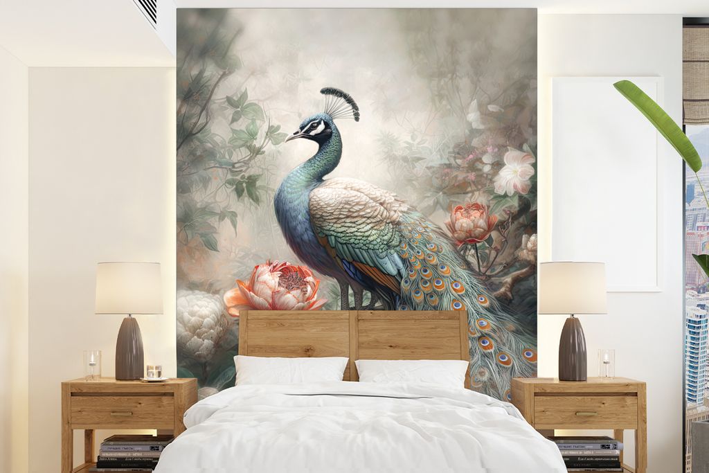 MuchoWow Fototapete für Wohnzimmer oder Schlafzimmer Wandtapete Vinyl Motivtapete Pfau - Pfauenfedern - Vogel - Dschungel - Blumen - 205x280 cm ...