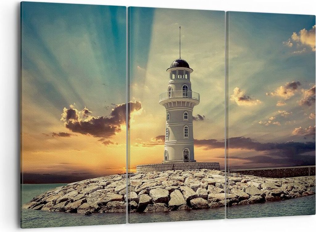 Bild auf Leinwand - Leinwandbild - Leuchtturm Wasser Meer Steine - 105x70cm - Wand Bild - Wanddeko - Leinwanddruck - Bilder - Kunstdruck - Wanddeko...