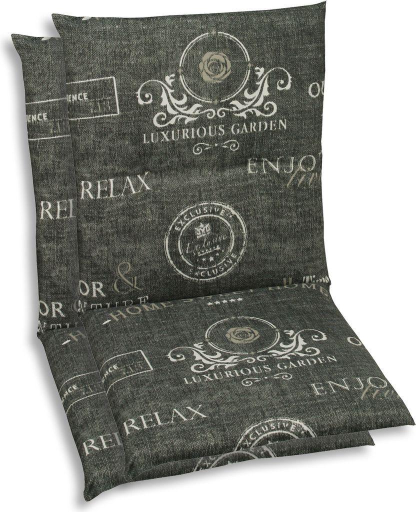 Two chair cushions with a patterned fabric are shown against a white background.