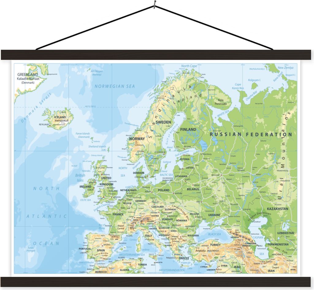 MuchoWow Textilposter Karte - Europa - Geographie 120x90 cm mit schwarzem Rahmen - Aufhänger für Poster