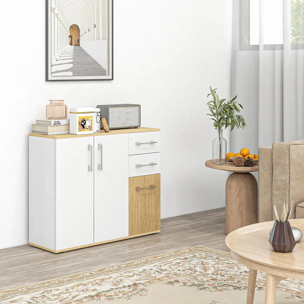 Buffet commode blanc 90x30x75,5 cm - Armoire de salon à 2 tiroirs MOD1 - 7