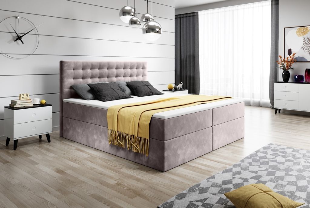 Boxspringbett BARI 180 x 200 cm Bett Stoff Jasmine 23 mit Topper Doppelbett mit Bettkasten