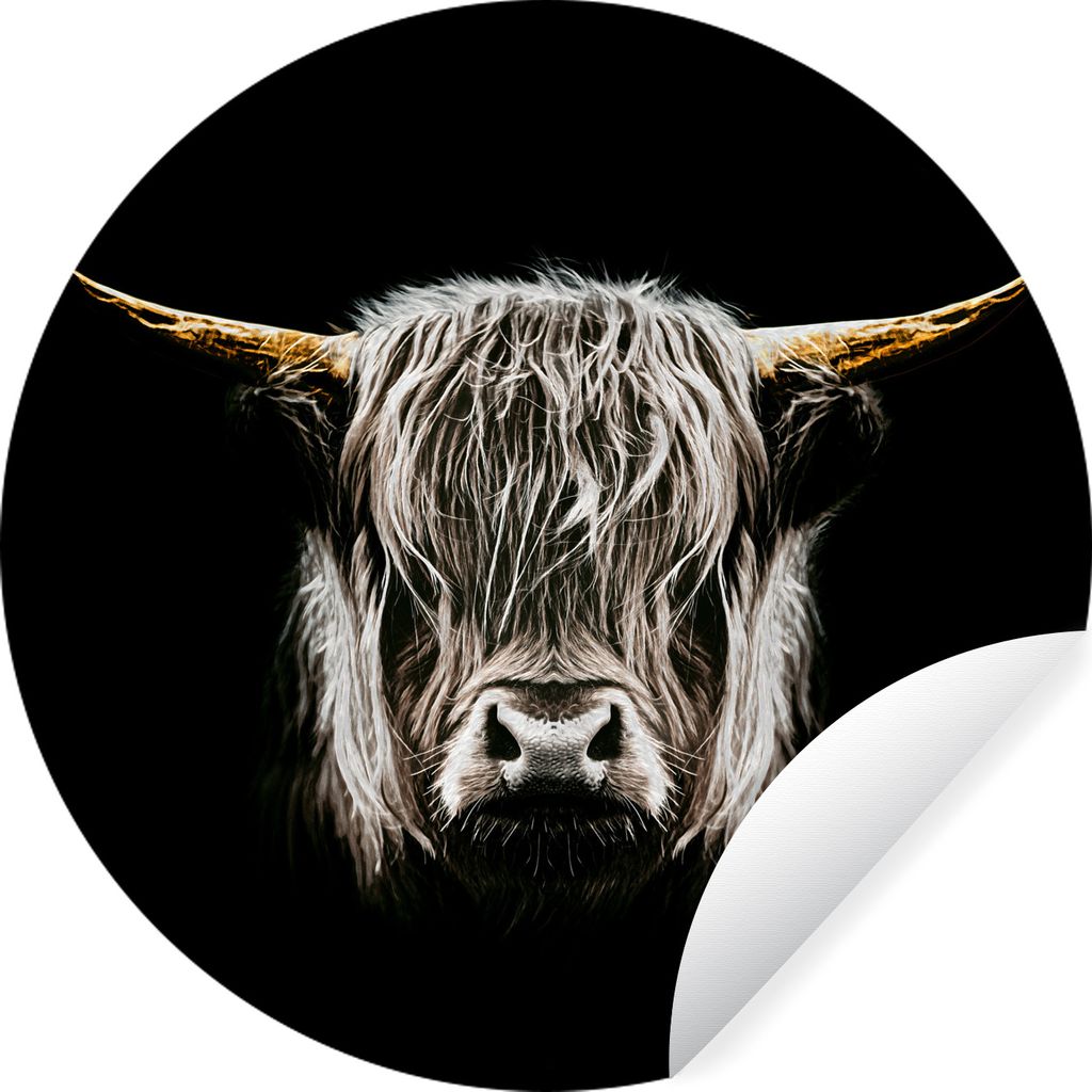 MuchoWow Runde Wandtattoo - Wandsticker Tapete Aufkleber Schottischer Highlander - Schwarz - Weiß - Hörner Ø 80 cm Selbstklebend und Repositio...