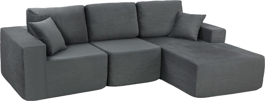 Modulares Ecksofa, L-förmiges Sofa-Bett mit tiefem Sitz, breiten Armlehnen, 2 Kissen, Dunkelgrau